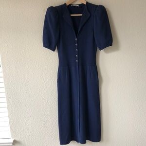 Vintage St John Navy Blue Knit Dress with Puff Sleeves